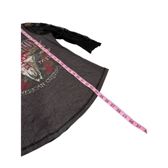 Affliction American Customs Rhinestone Embellished Lace Sleeve T Shirt Womens XL - Picture 6 of 6